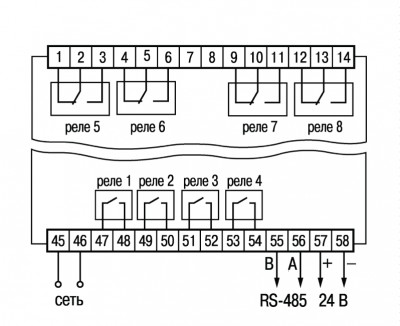 Схема підключення електромагнітних реле приладу ОВЕН ТРМ138-Р в корпусі Щ4 