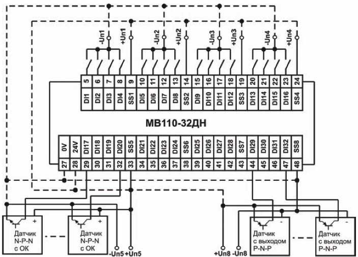 Схема підключення до МВ110-32ДН дискретних датчиків з транзисторним виходом pnp-типу, npn-типу з ОК і з виходом типу «сухий контакт» (приклад)