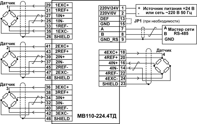 Підключення до МВ110-224.4ТД зовнішніх пристроїв із застосуванням шестіпроводних схеми підключення до датчика і без використання заземлення